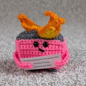 Emotional Support Dumpster Fire Pink Crochet Plushie Funny Desk Decor Gift
